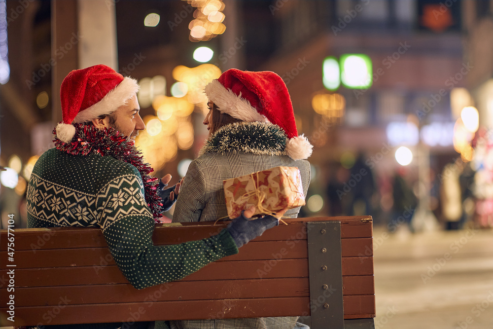 Wall mural couple outdoor in winter.man and woman sharing love.