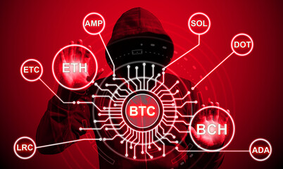 Plakat Crypto currencies blockchain hacker touching grid