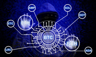 Crypto currencies blockchain hacker touching grid