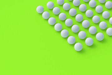 Rows of golf balls on yellow background. Sports Equipment. Leisure and hobby games. Luxurious tournaments. International competitions. Fan club. Copy space. 3d render