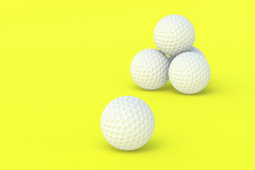 Sports Equipment. Leisure and hobby games. Luxurious tournaments. International competitions. Fan club. Heap of golf balls on yellow background. Copy space. 3d render