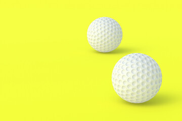 International competitions. Sports Equipment. Leisure and hobby games. Luxurious tournaments. Fan club. Golf balls on yellow background. Copy space. 3d render