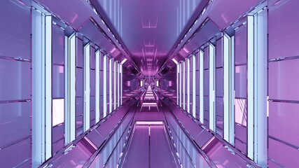 4K UHD 3d illustration of purple reflective corridor