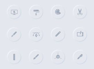 art and design gray vector icons on round rubber buttons. art and design icon set for web, mobile apps, ui design and promo business polygraphy