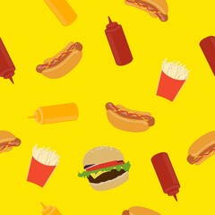 Fast Food pattern. Vector seamless patter or background with hot dogs, burger, fries, ketchup, mustard.