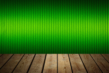The background is blank wooden boards and a textured striped wall with gradient lighting and vignetting.