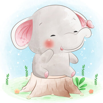 cute elephant sitting on tree stump with butterfly