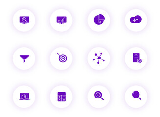 data analytics purple color vector icons on light round buttons with purple shadow. data analytics icon set for web, mobile apps, ui design and print
