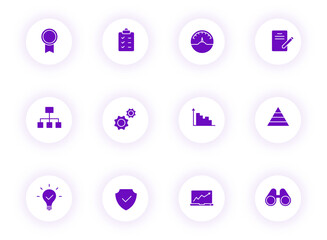 data analytics purple color vector icons on light round buttons with purple shadow. data analytics icon set for web, mobile apps, ui design and print