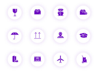 delivery purple color vector icons on light round buttons with purple shadow. delivery icon set for web, mobile apps, ui design and print