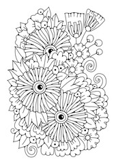 Coloring page with large round flowers. Art therapy. Black and white background for coloring. Art line.