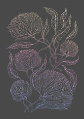 Vector hand drawn colorful pattern background decorative leaves and flowers. Freehand sketching illustration nature painting. Design floret pattern print. Multicolor lines Isolated on dark grey back