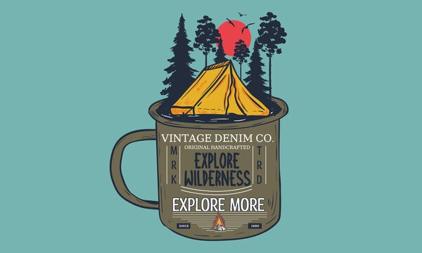 Mountain camping vector graphic print design. Wild artwork at the mug for apparel, sticker, batch, background, poster and others.