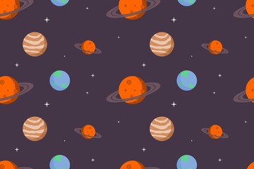 Kawaii Space Planet Seamless Pattern Purple Design