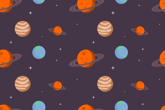Kawaii Space Planet Seamless Pattern Purple Design