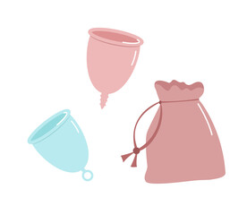 Beige and blue menstrual cup with bag. Vector doodle illustration.