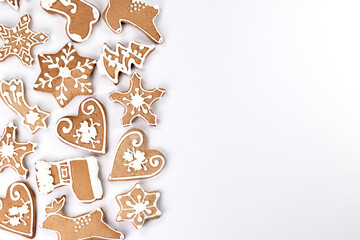 Gingerbread cookies on white background, place for text