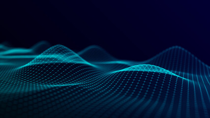 Futuristic digital wave. Dark cyberspace. Abstract wave with dots. White moving particles on background. 3d rendering.