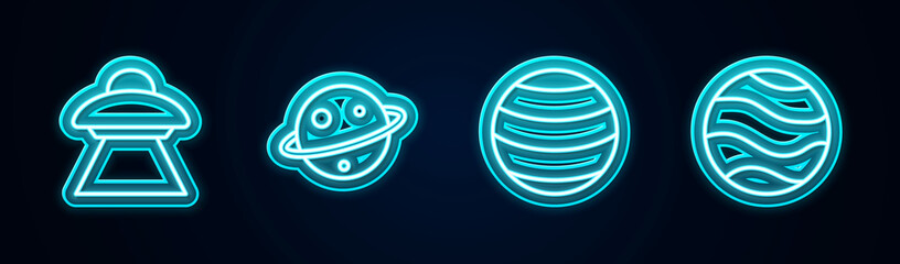 Set line UFO flying spaceship, Planet Saturn, and . Glowing neon icon. Vector