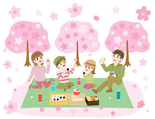 お花見をしながらお弁当を食べる家族