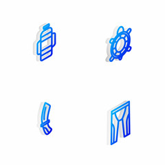 Set Isometric line Turtle, Aqualung, Diving knife and Wetsuit for scuba diving icon. Vector