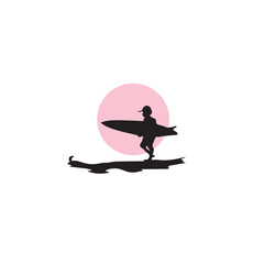 silhouette of man carrying a surfboard on the beach illustration icon vector