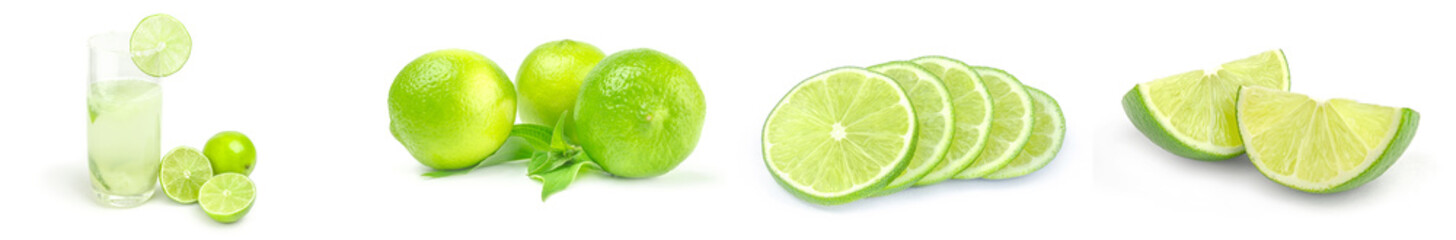 Collage of limes close-up on white