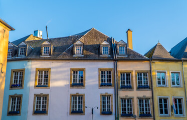 Fototapeta premium Closeup of pastel-colored medieval houses in the old town of Luxembourg City, listed on the UNESCO World Heritage register
