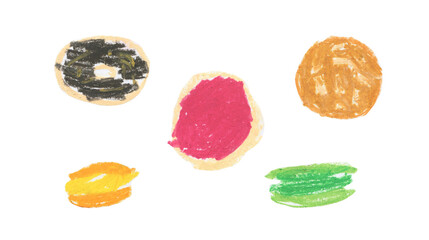 Set of illustrations of baked goods drawn with wax crayons in a children's style.Collection of images of Sweet food,desserts textured pastels in doodle.Designs for menus,invitations,stickers,cards.