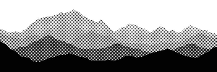 Vector halftone dots background, fading dot effect. Imitation of a mountain landscape, banner, shades of gray.	