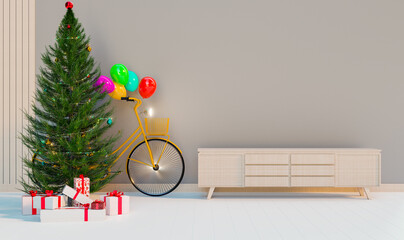 merry christmas and happy new year festival, christmas tree and cristmas presents decoration in home, 3d illustration rendering