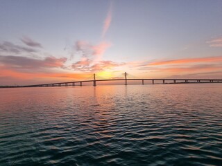 Spectacular view of Sunrise over the Al Hudayriat Cable stayed or Suspension bridge in Abu Dhabi,UAE.