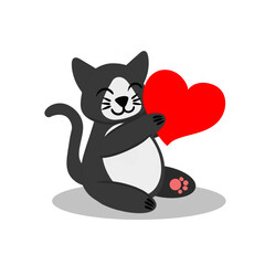 Cute black cat with white spots holds heart in its paws. Design element. Image isolated on white background. Vector illustration designed for design of festive postcards sites printing on fabric