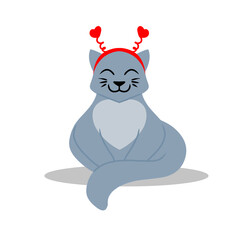 Adorable gray cat with hoop with hearts on his head isolated on white background. Vector illustration. Design element for menu stationery posters banners clothing sites