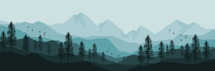 morning mountain landscape vector illustration for wallpaper, background, backdrop, banner, tourism, and design template