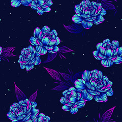 Magic seamless pattern with plants, flowers, moon and stars - for fabric, wrapping, textile, wallpaper, background. Vector illustration