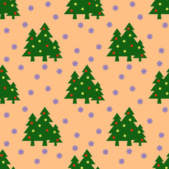Seamless pattern. Image of green Christmas trees with balls and snowflakes on pastel yellow orange backgrounds. Symbol of New Year and Christmas. Template for applying to surface.3D image.3d rendering