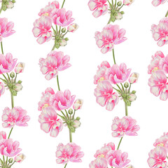 Watercolor realistic pink flowers vertical composition - seamless romantic vintage pattern on white background.