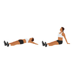 Woman doing T Sit up exercise. Flat vector illustration isolated on white background