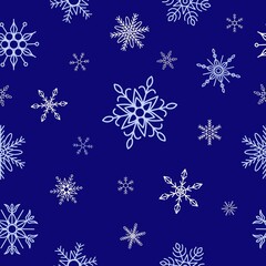 Snowflakes seamless pattern, white and blue elements on dark blue background