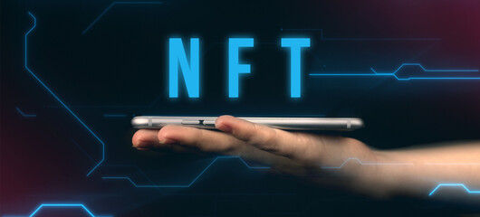 NFT Non-fungible token. Modern technology and digital crypto. Concept of cryptoart background