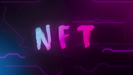 NFT Non-fungible token. Futuristic illustration. Digital crypto, crypto art concept. Colorful pink abstract background
