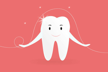 dental floss and a cartoon healthy tooth. Cute vector illustration in a flat style