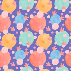 Watercolor abstract seamless pattern on a purple Very Peri background. Trendy print with textured shapes, blotches, hand painted stains.Designs for textiles, fabric, wrapping paper, packaging.