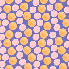 Watercolor abstract seamless pattern on a purple Very Peri background. Trendy print with textured shapes, blotches, hand painted stains.Designs for textiles, fabric, wrapping paper, packaging.