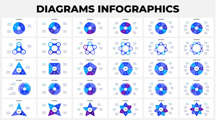 Set of cycle diagrams with 3, 4, 5, 6, 7 and 8 options. Infographic design template. Vector illustration for business presentation.