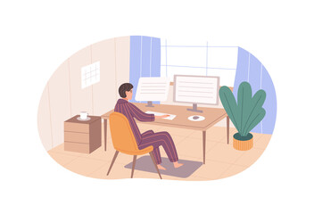 Modern man use tablet pc sitting desk with computer monitor working at home office.