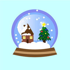snow ball with house and christmas tree 