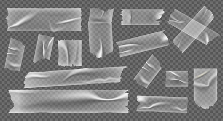 Transparent sticky tape. Realistic clear plastic adhesive tape, sticky foil strip with folds and crease. Vector crumpled bandage set