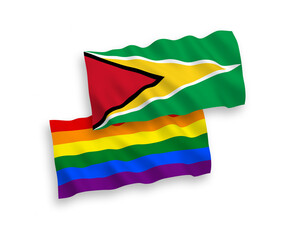 Flags of Co-operative Republic of Guyana and Rainbow gay pride on a white background